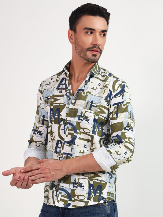 PRIENTED CASUAL MULTI-COLOR SHIRT K02 (WHITE&GREEN)