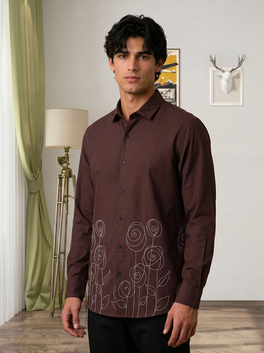 Men’s Stylish Brown Embroidered Casual Shirt