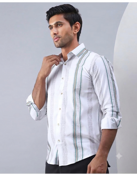 Men’s Stylish White & Green Striped Casual Shirt