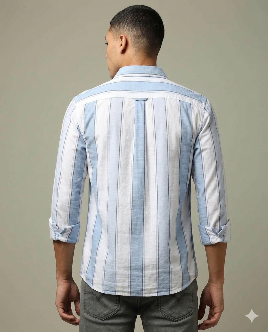 Men’s Stylish Light Blue Striped Cotton Blend Shirt
