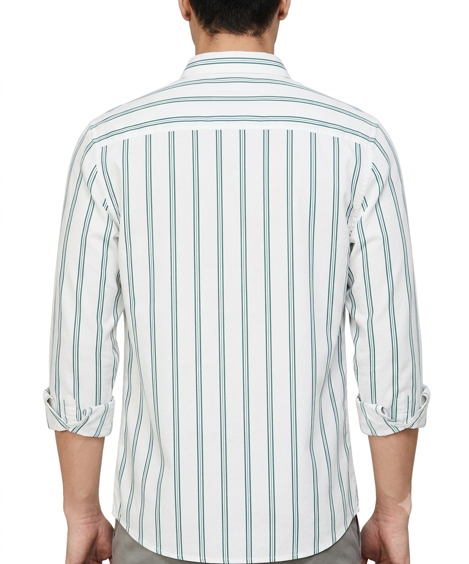 Men’s Stylish White & Green Striped Casual Shirt