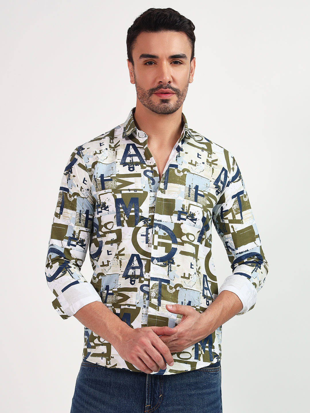 PRIENTED CASUAL MULTI-COLOR SHIRT K02 (WHITE&GREEN)