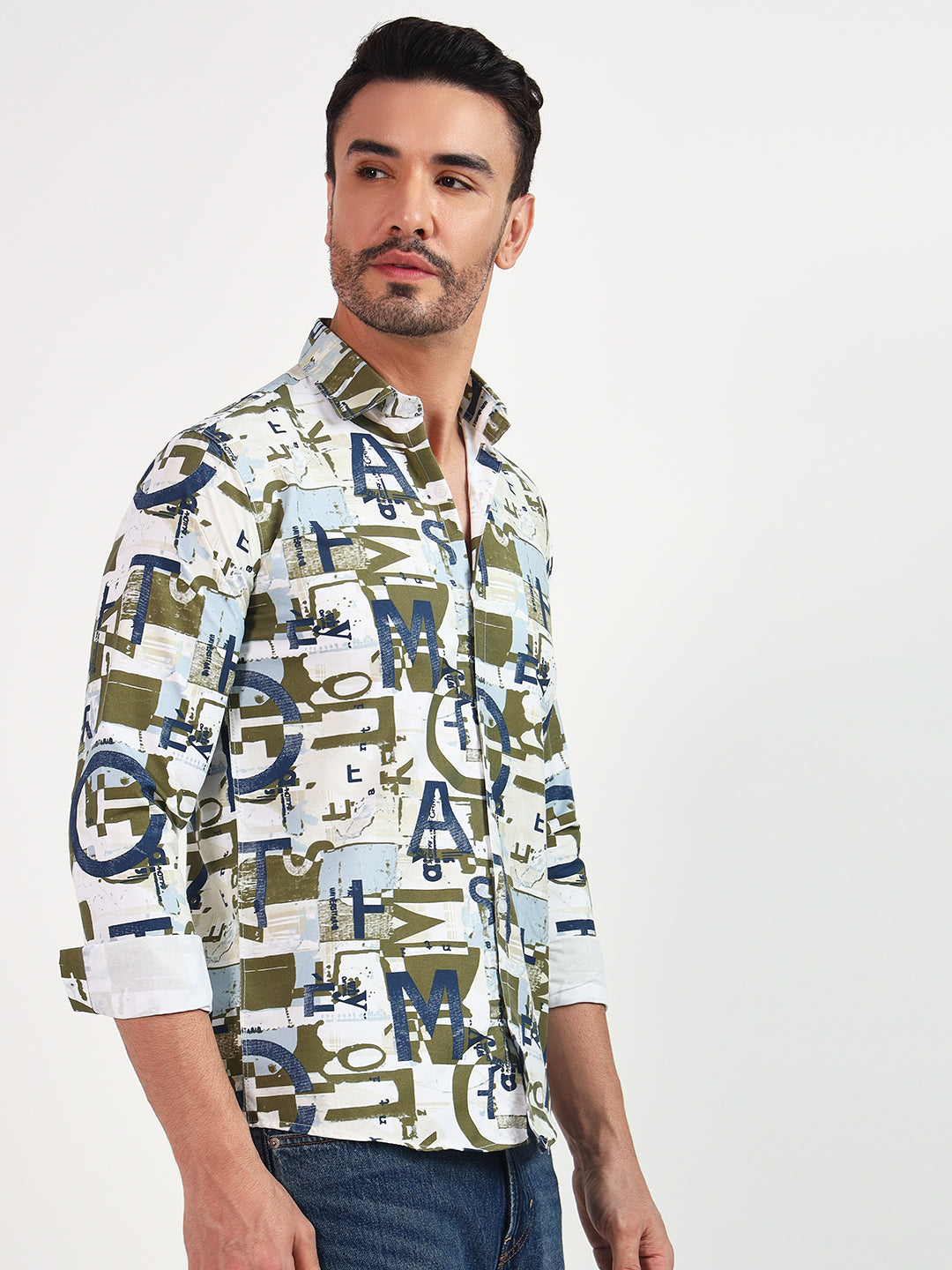 PRIENTED CASUAL MULTI-COLOR SHIRT K02 (WHITE&GREEN)