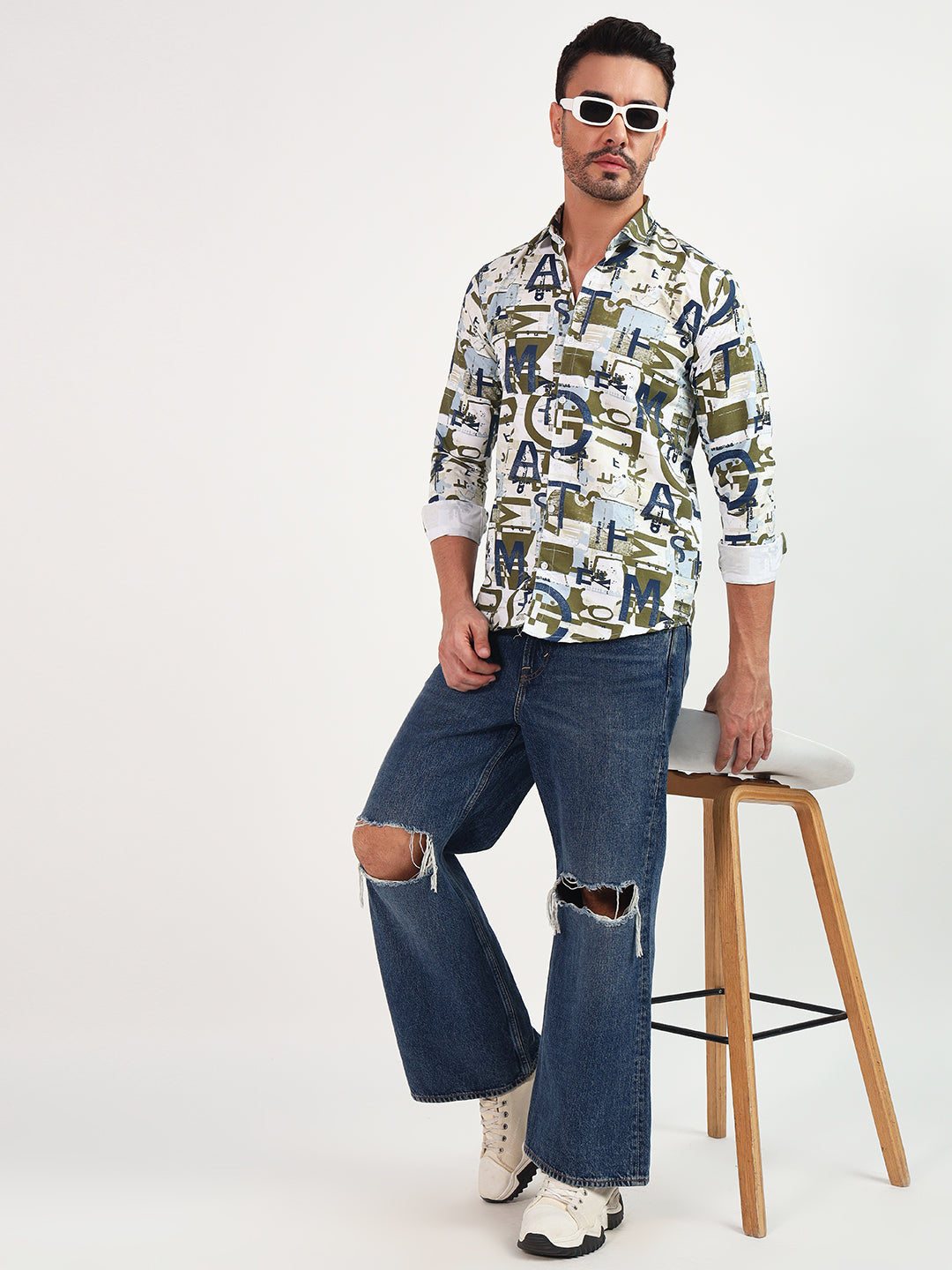 PRIENTED CASUAL MULTI-COLOR SHIRT K02 (WHITE&GREEN)