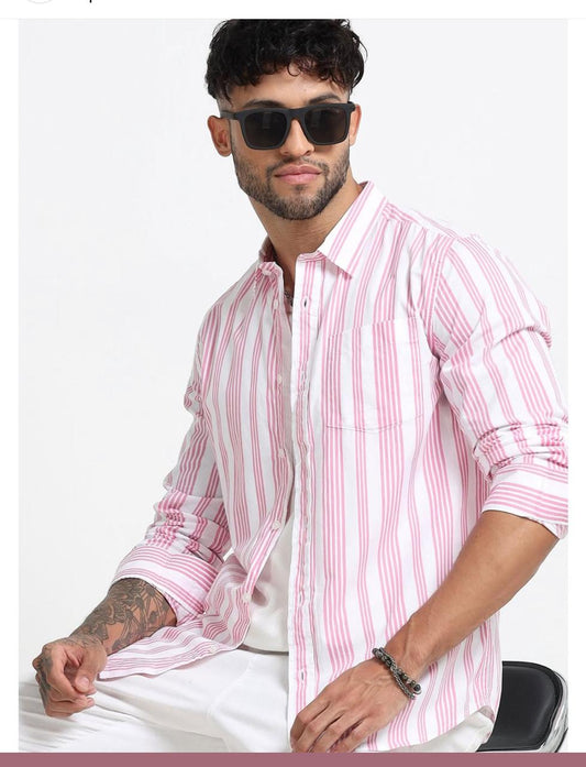 Men’s Stylish Pink Striped Cotton Blend Shirt