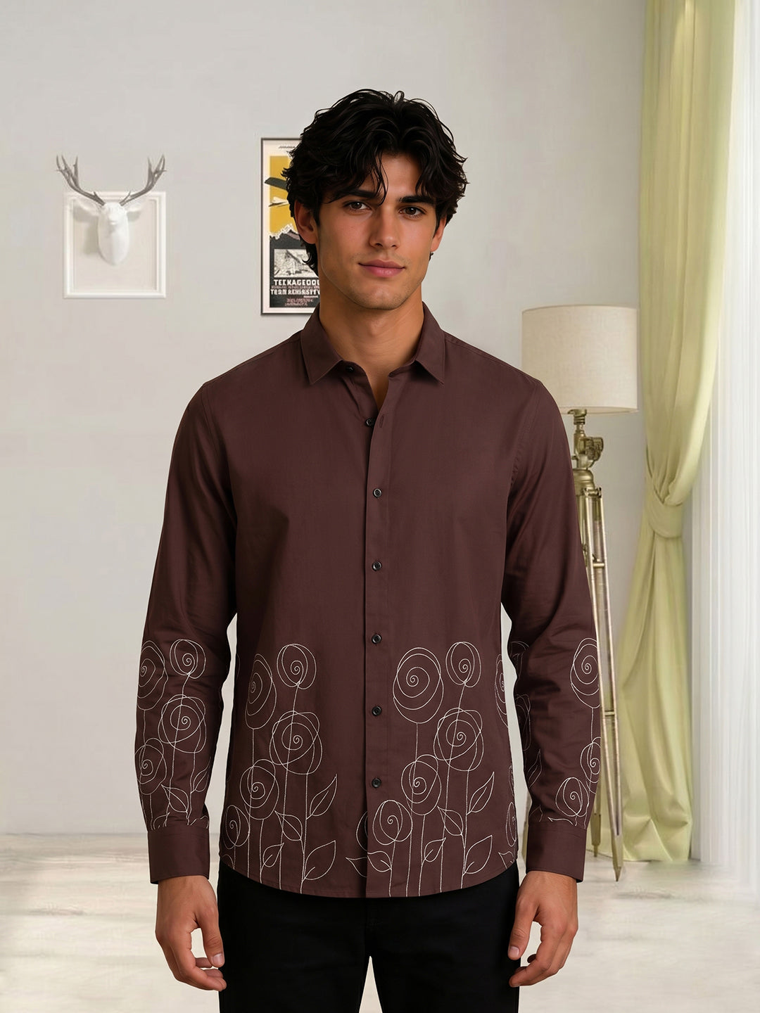 Men’s Stylish Brown Embroidered Casual Shirt