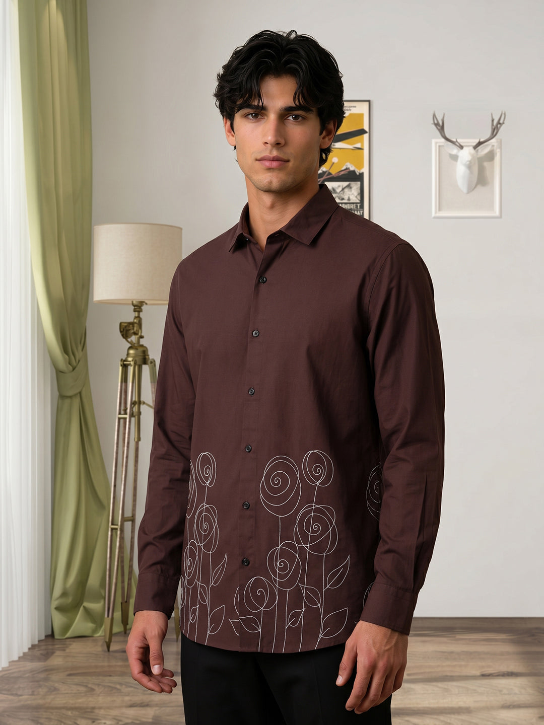Men’s Stylish Brown Embroidered Casual Shirt