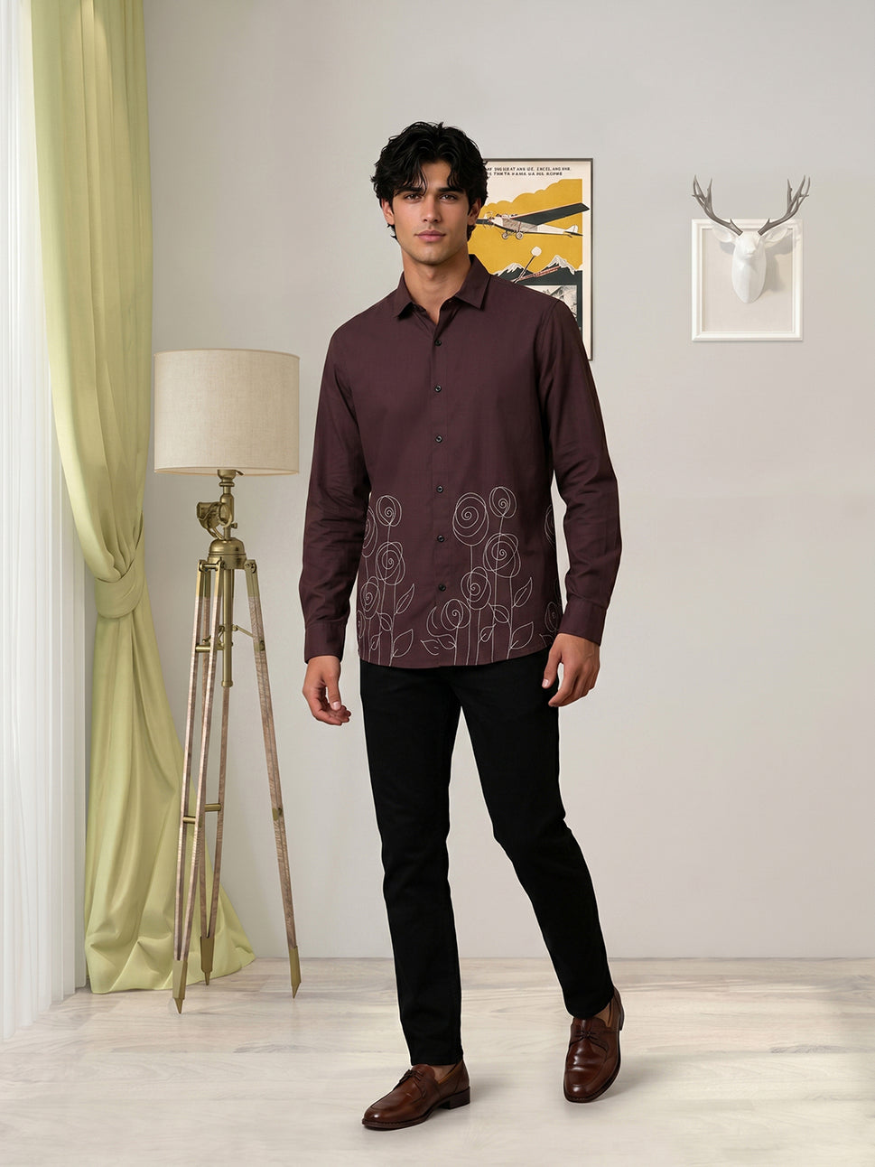 Men’s Stylish Brown Embroidered Casual Shirt