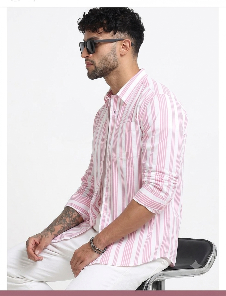 Men’s Stylish Pink Striped Cotton Blend Shirt