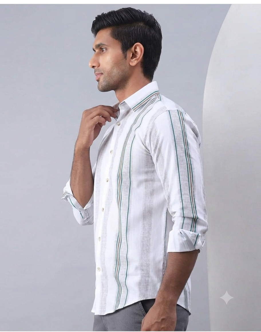 Men’s Stylish White & Green Striped Casual Shirt