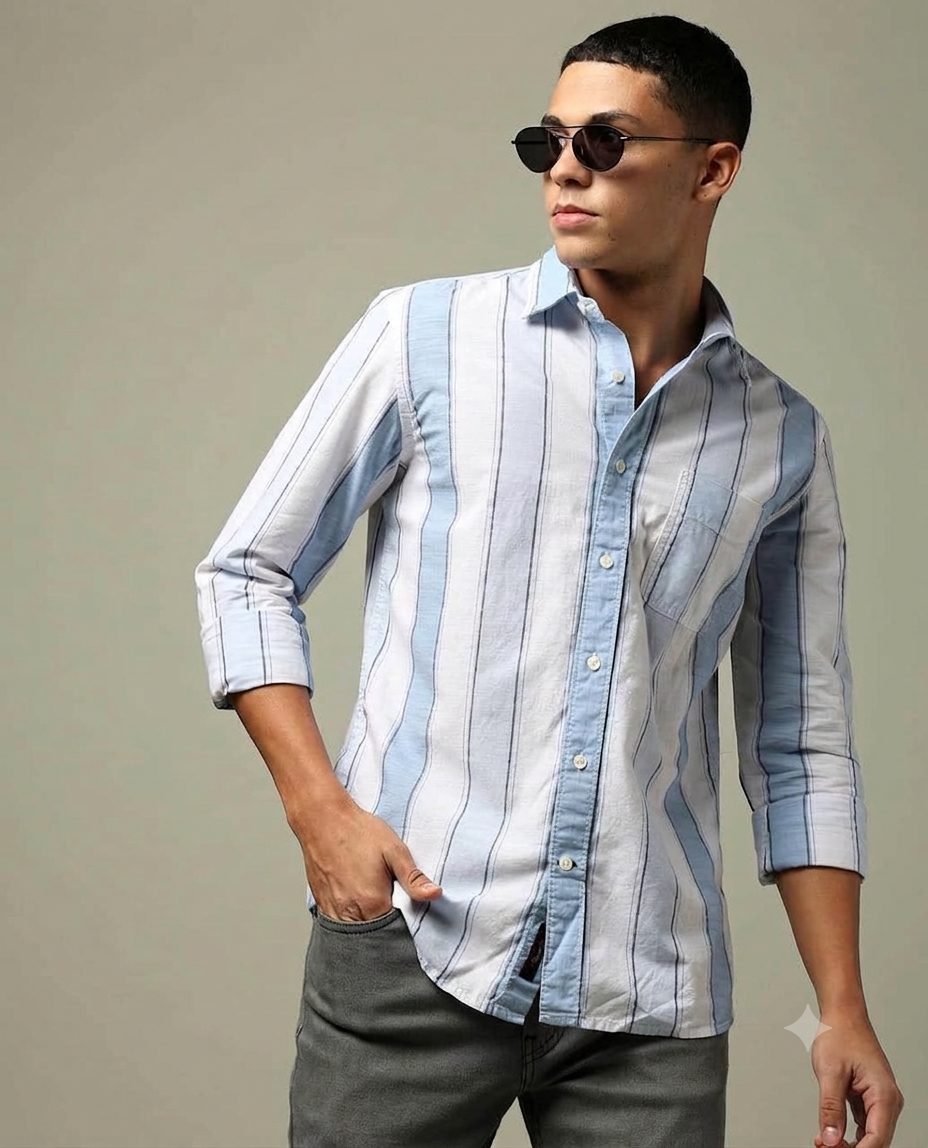 Men’s Stylish Light Blue Striped Cotton Blend Shirt