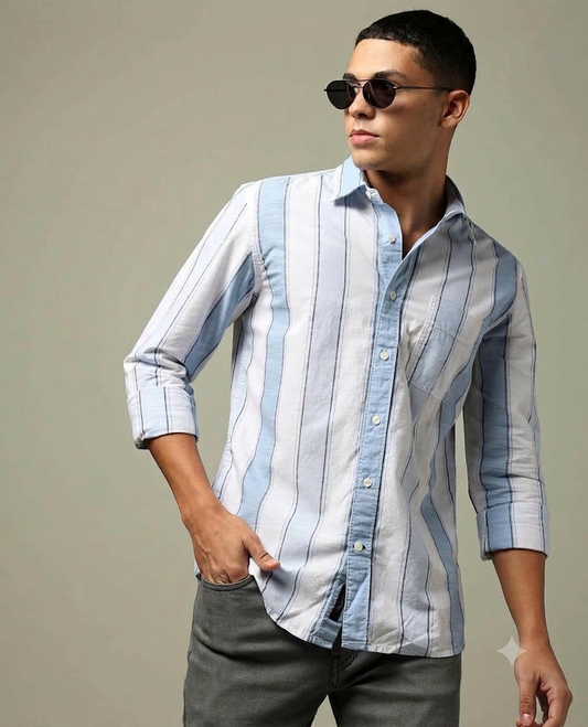 Men’s Stylish Light Blue Striped Cotton Blend Shirt