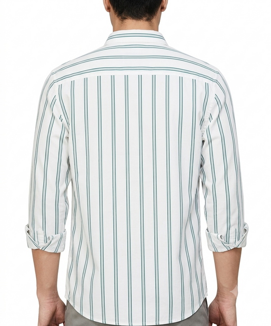 Men’s Stylish White & Green Striped Casual Shirt