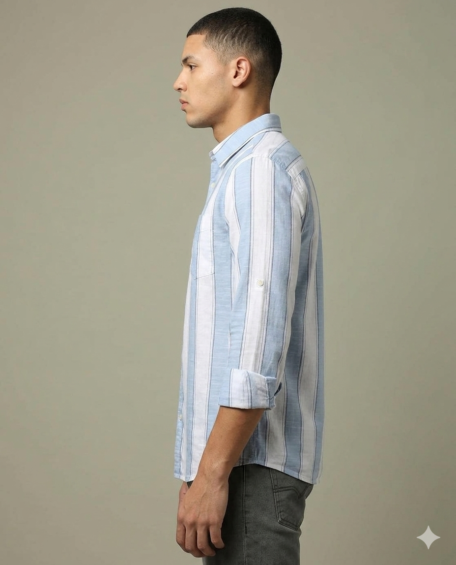 Men’s Stylish Light Blue Striped Cotton Blend Shirt