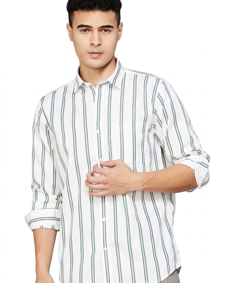Men’s Stylish White & Green Striped Casual Shirt