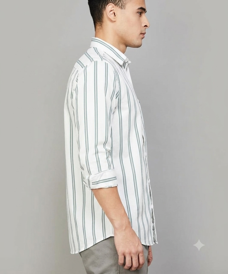 Men’s Stylish White & Green Striped Casual Shirt